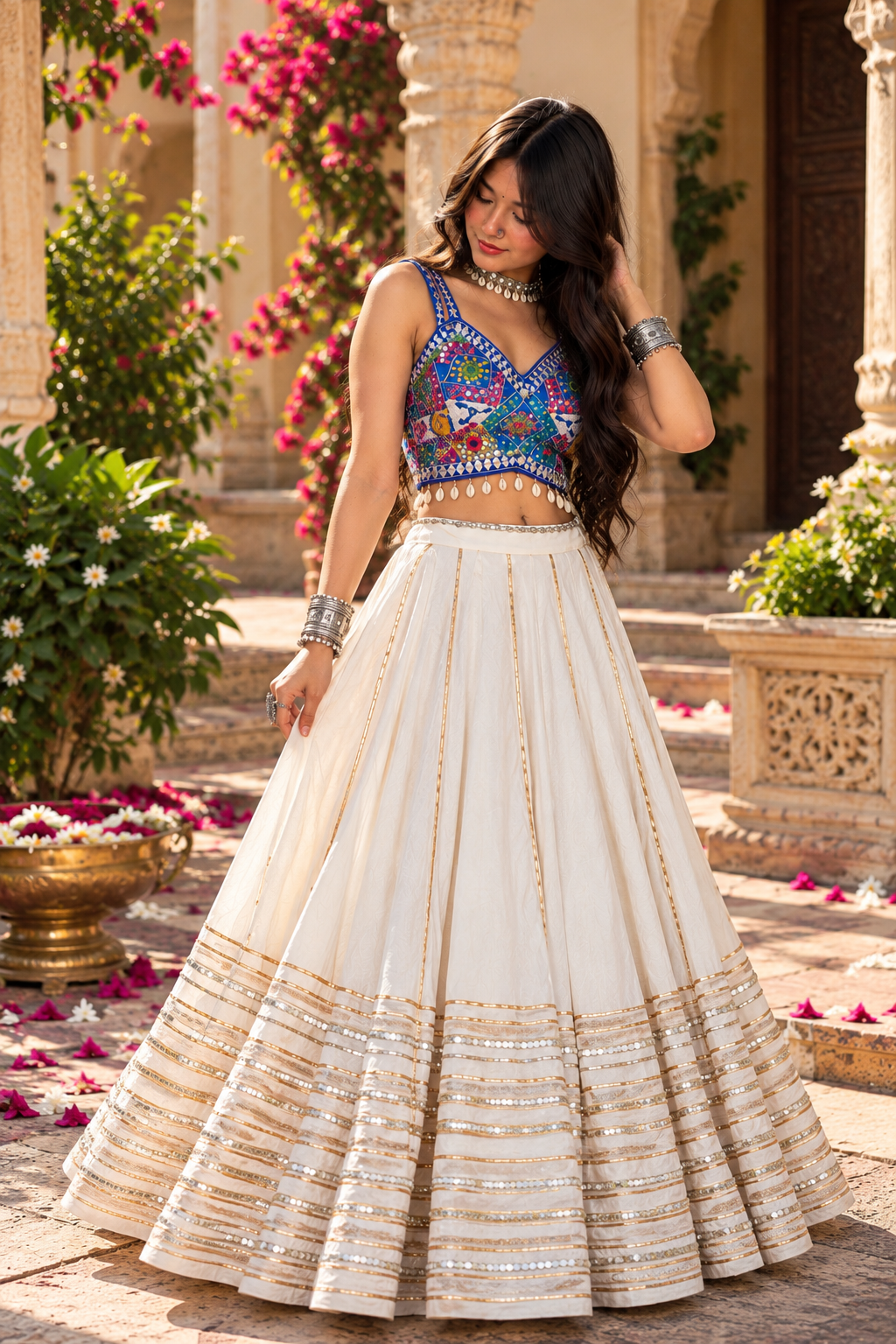 Blue Choli Ivory Lehenga